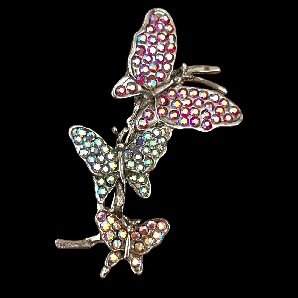 Vintage 1960s Butterfly Brooch Aurora Borealis Rhinestone Silver Tone Pin - 3P